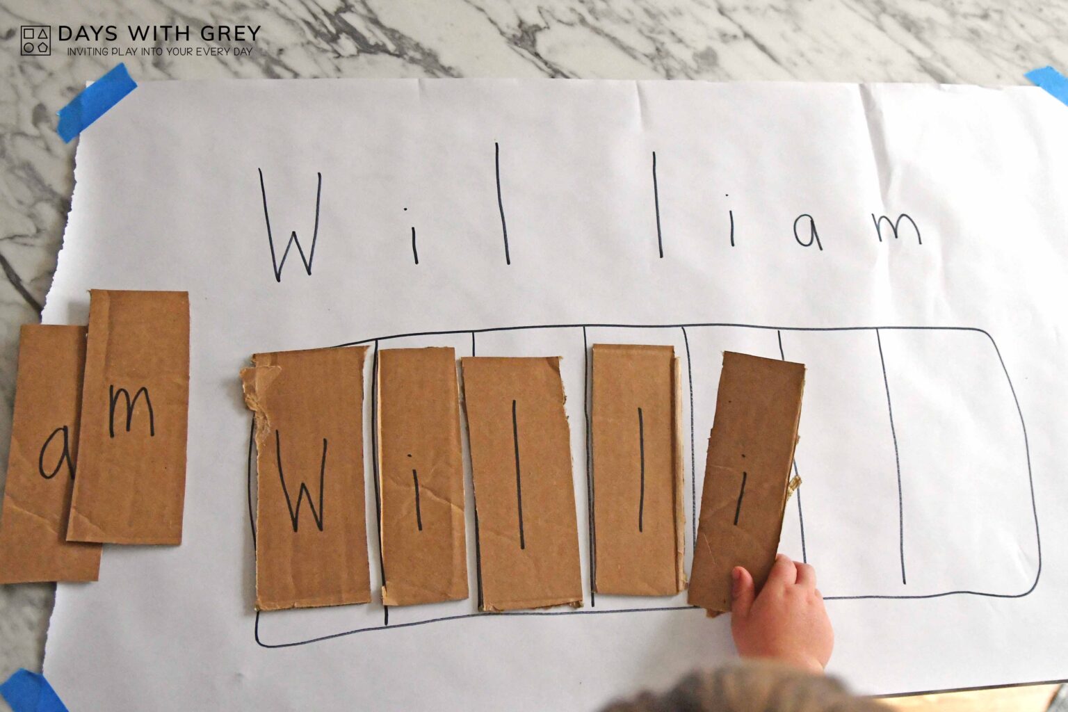 Cardboard Name Build for Preschool Days With Grey