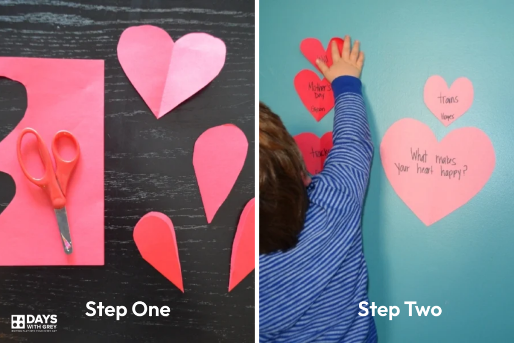 A Valentine book activity showing cut hearts and the book called, Words in Your Heart.