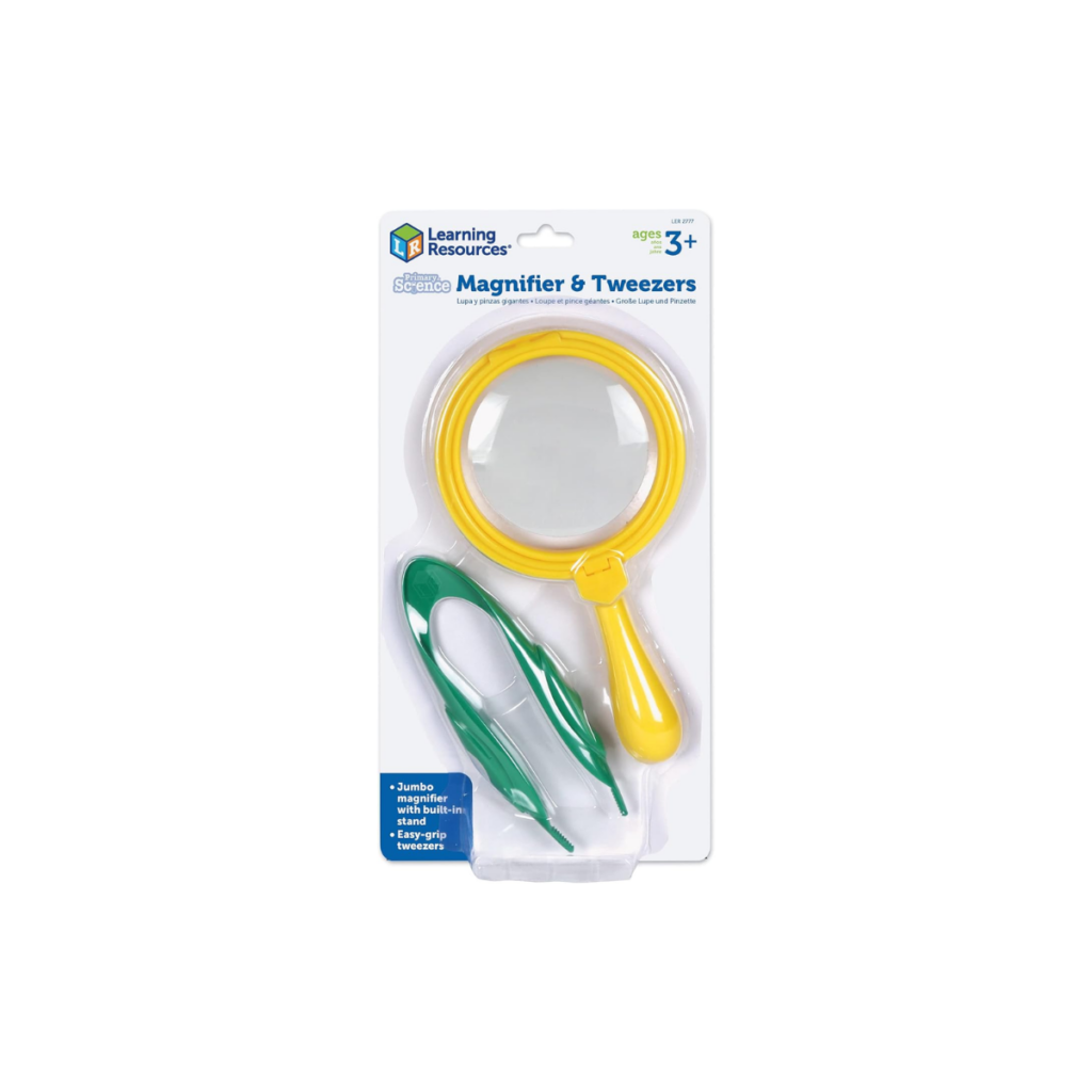 A magnifier and tweezer from Learning Resources for children to use as they explore nature. 