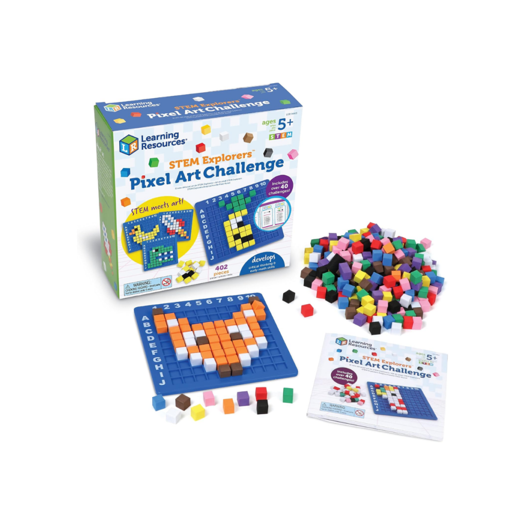 Pixel art with a picture of a fox for kids to add colorful cubes to.