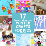 Collage photo featuring 8 easy winter craft ideas families can do at home or in the classroom for a holiday party.