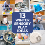Main collage image for winter sensory play ideas featuring eight image ideas for toddlers and preschoolers.