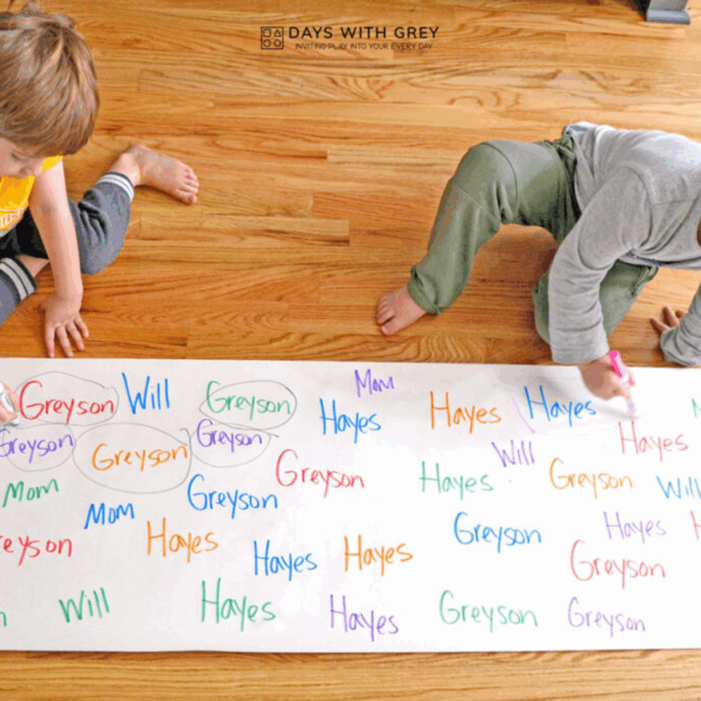 Two children circling their name with markers.