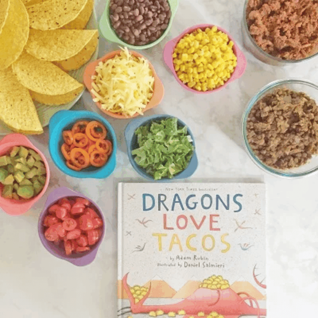A taco bar to retell the story, Dragons Love Tacos with preschoolers.