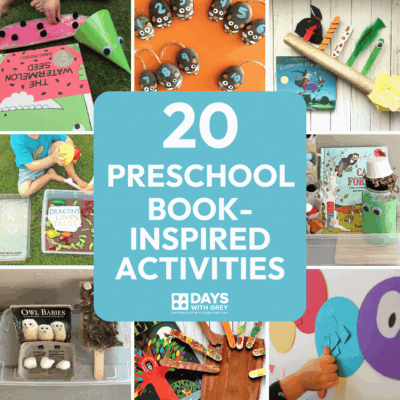 Main collage image to feature 20 preschool book-inspired activities for preschoolers.