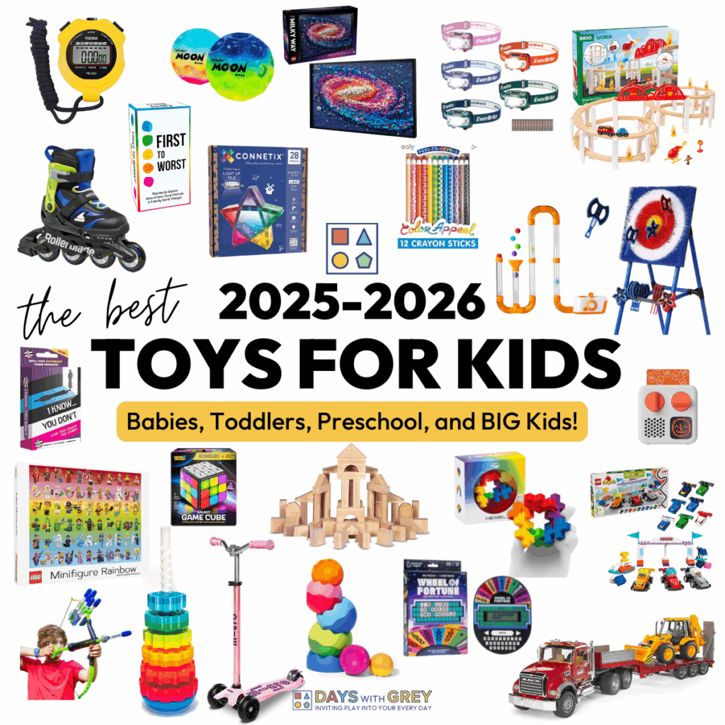 Image has multiple pictures to feature the best toys for kids and holiday gift giving.