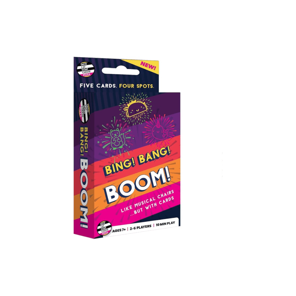 Bing! Bang! Boom! is a new card game from Dolphin Hat, the makers of Taco, Cat, Goat, Cheese, Pizza.