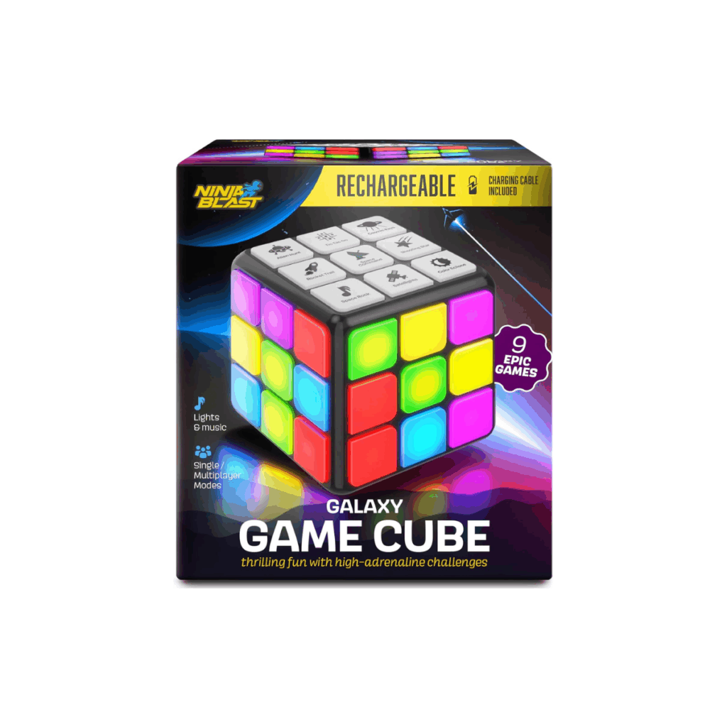 Electronic game cube that lights up and has nine different memory games to play.