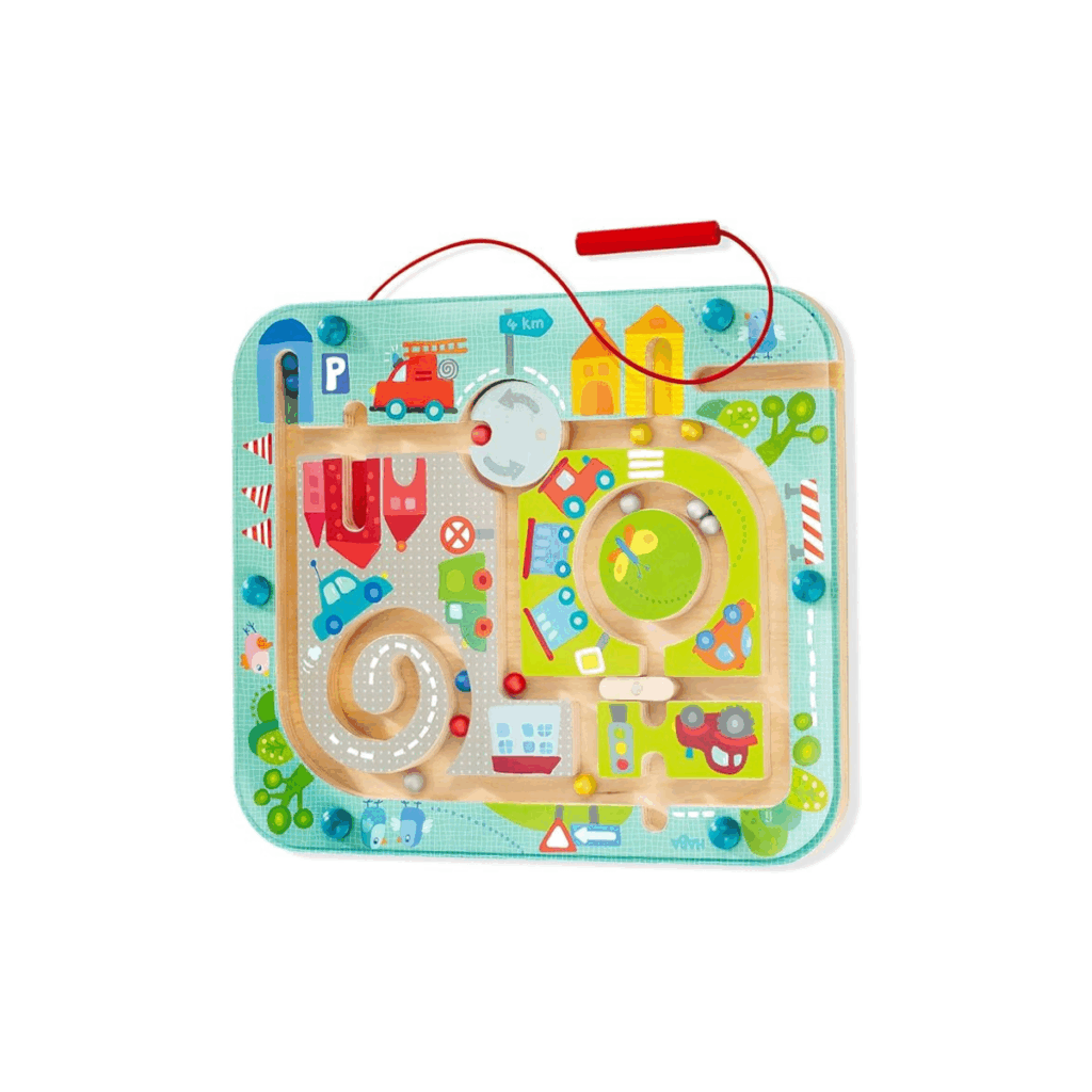 This is a magnetic busy board with balls and a magnetic pen.