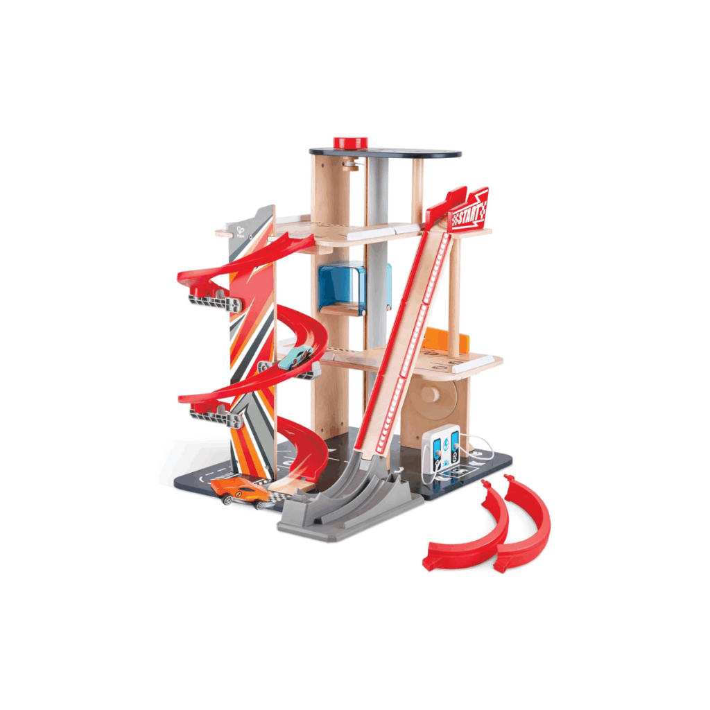 This is a Hape stunt garage set for toddlers to play with using small cars.