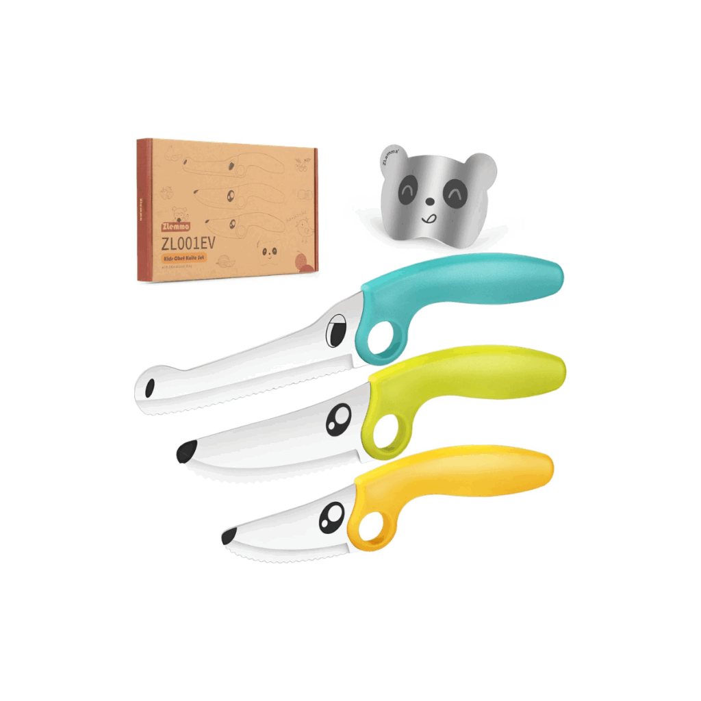 Kids knife set featuring three knifes to fit their small hands.