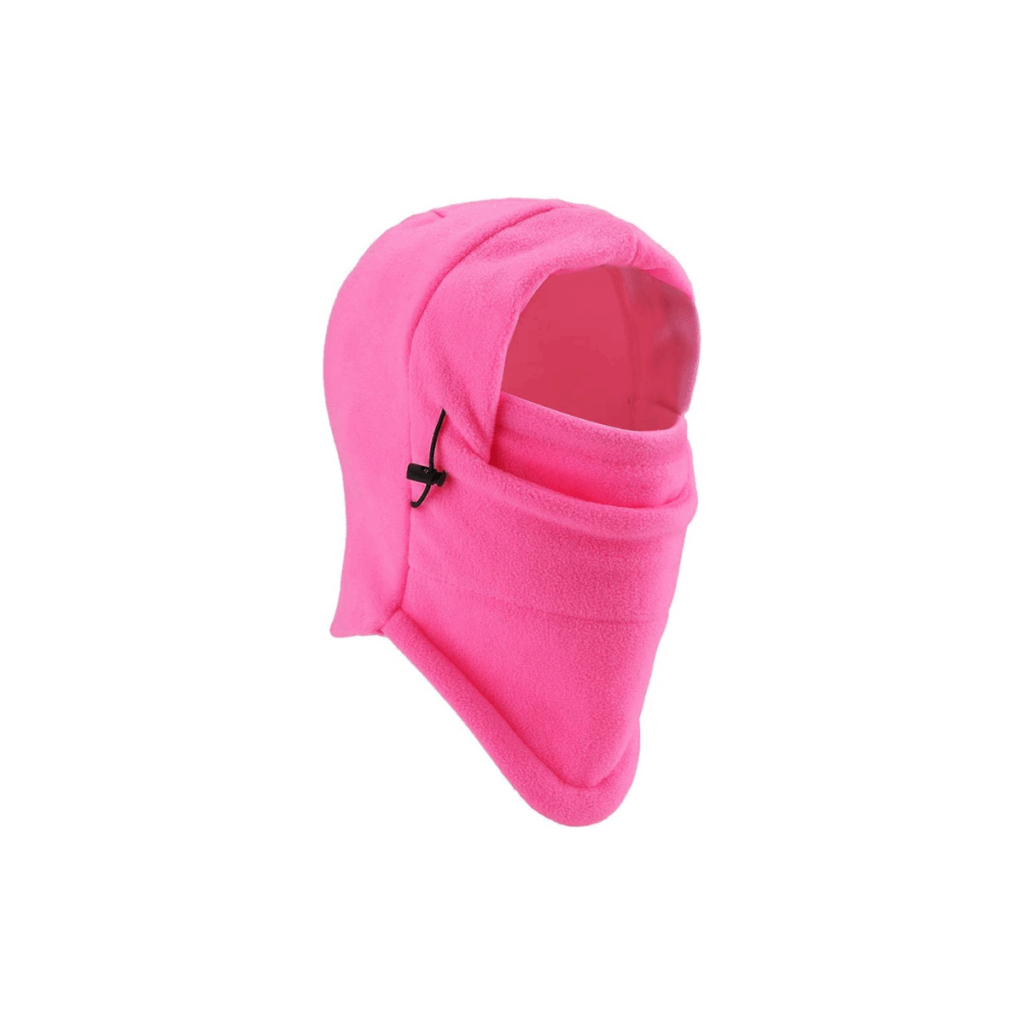 Pink snow hat for kids that covers their mouth and chin.