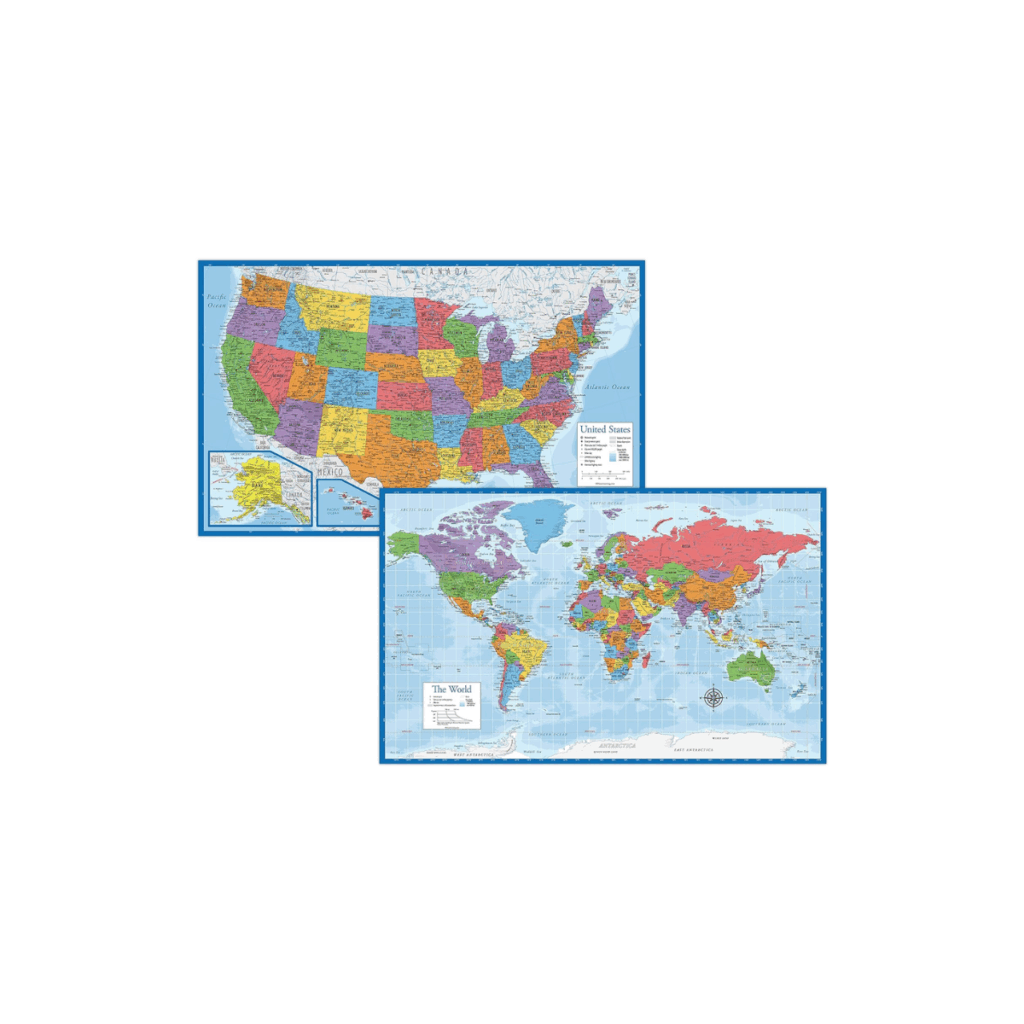 Laminated world maps for kids to use in their home.
