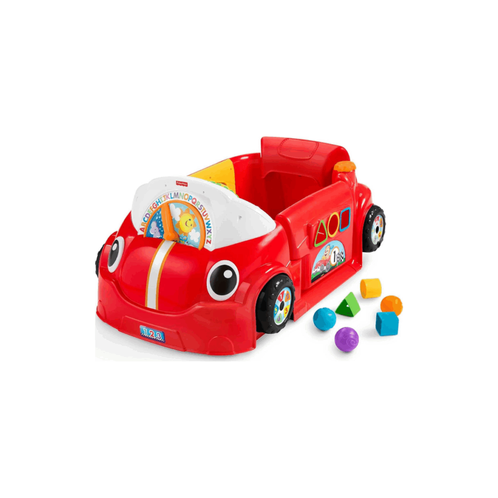 Red play car for one year olds that sits on the floor for the toddler to crawl in and out of.
