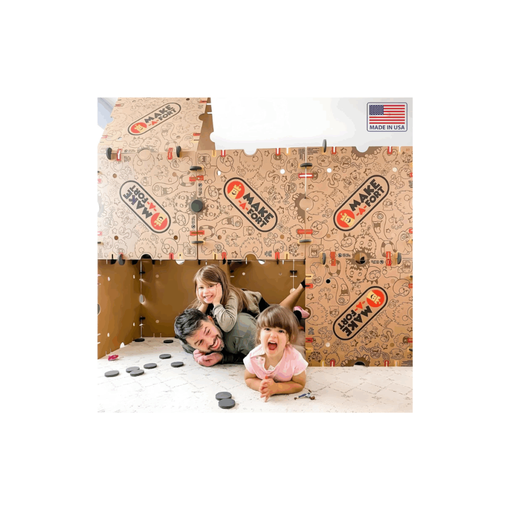 Cardboard fort building kit for kids to build and play inside.