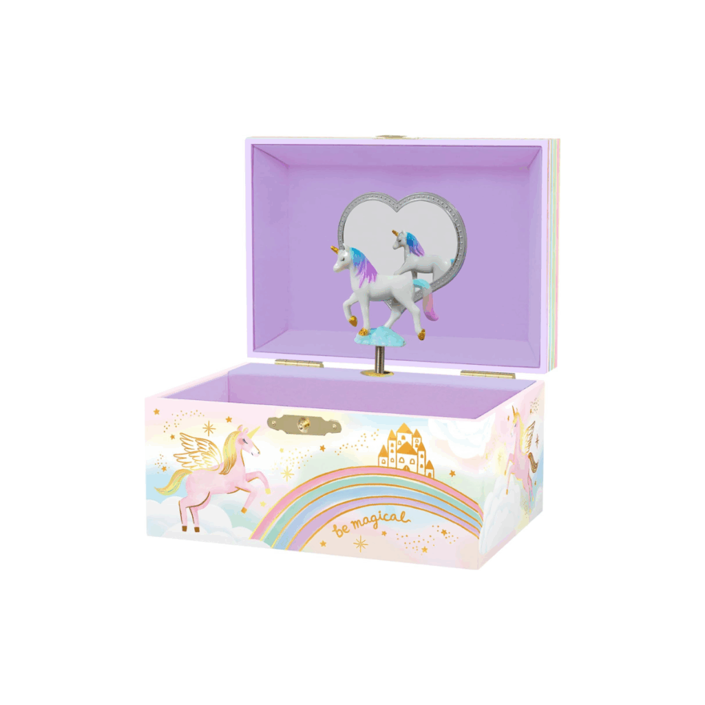 A musical jewelry box for kids that has a spinning unicorn.