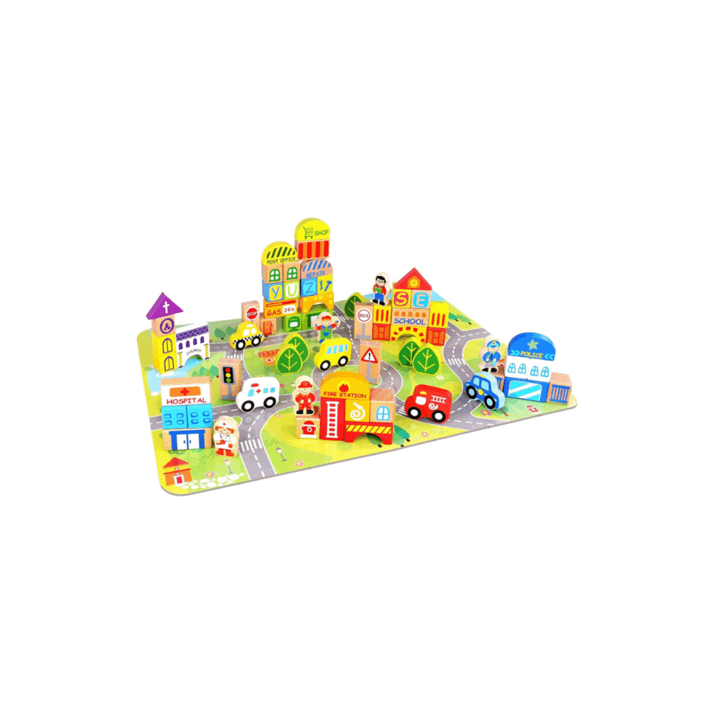 This is a block town set for toddlers to set up and play with.