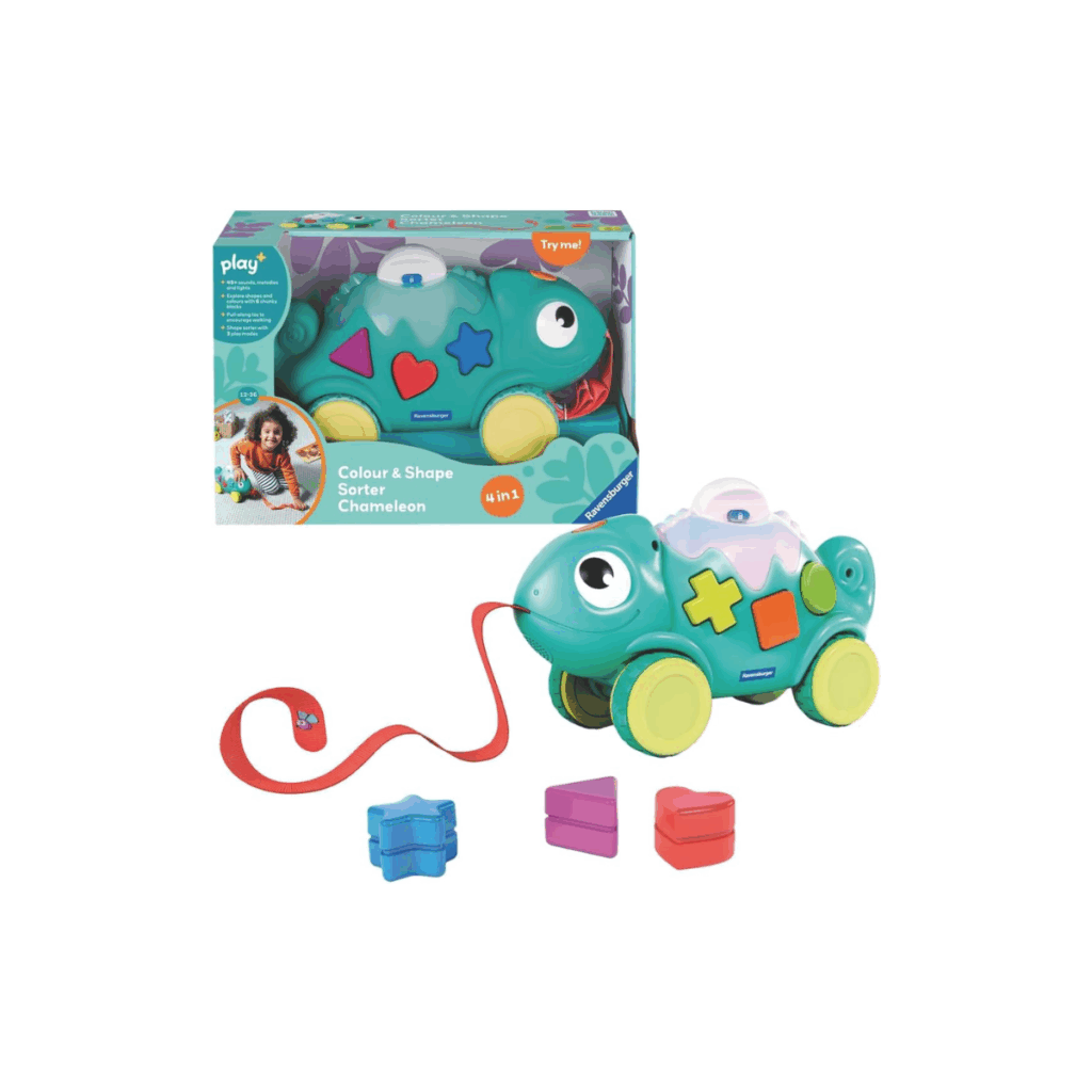 A shape sorter for one year olds in the shape of a Chameleon.