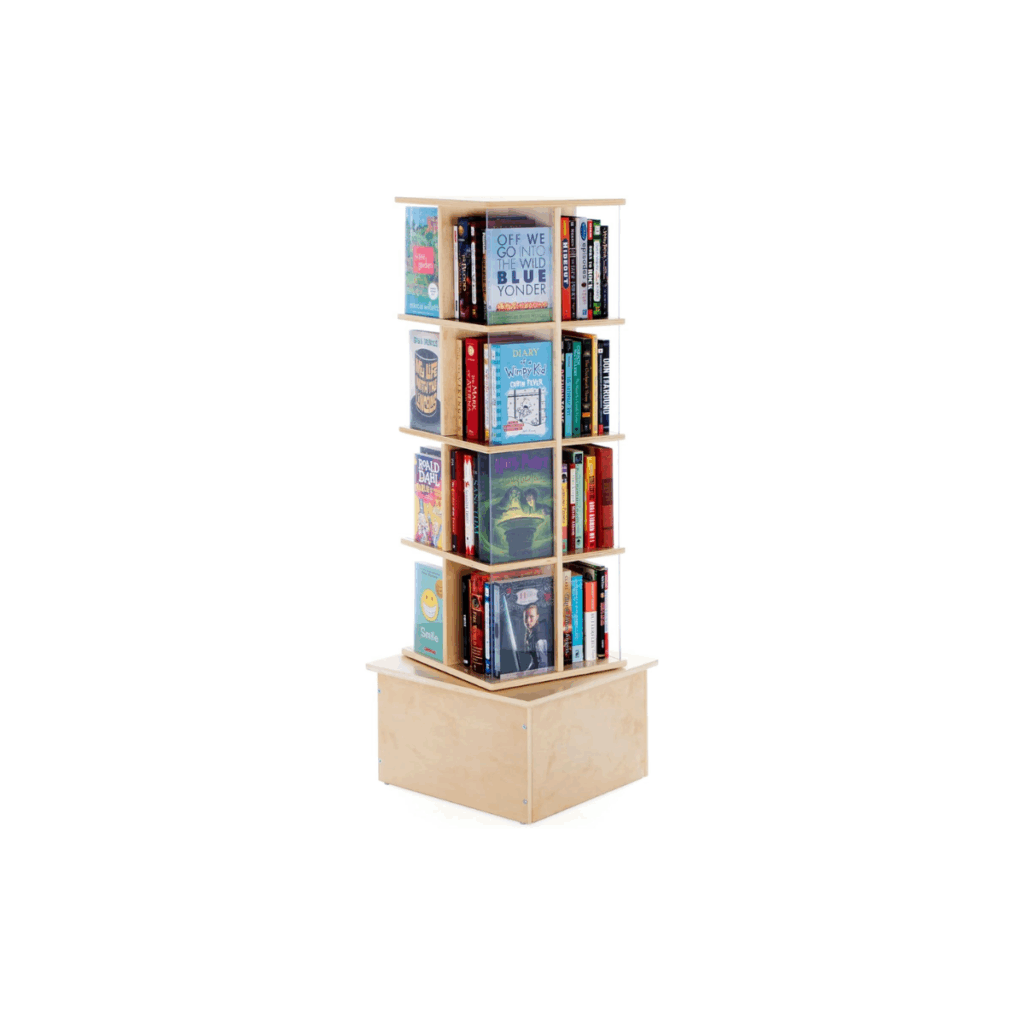 Spinning bookshelf for kid chapter books.
