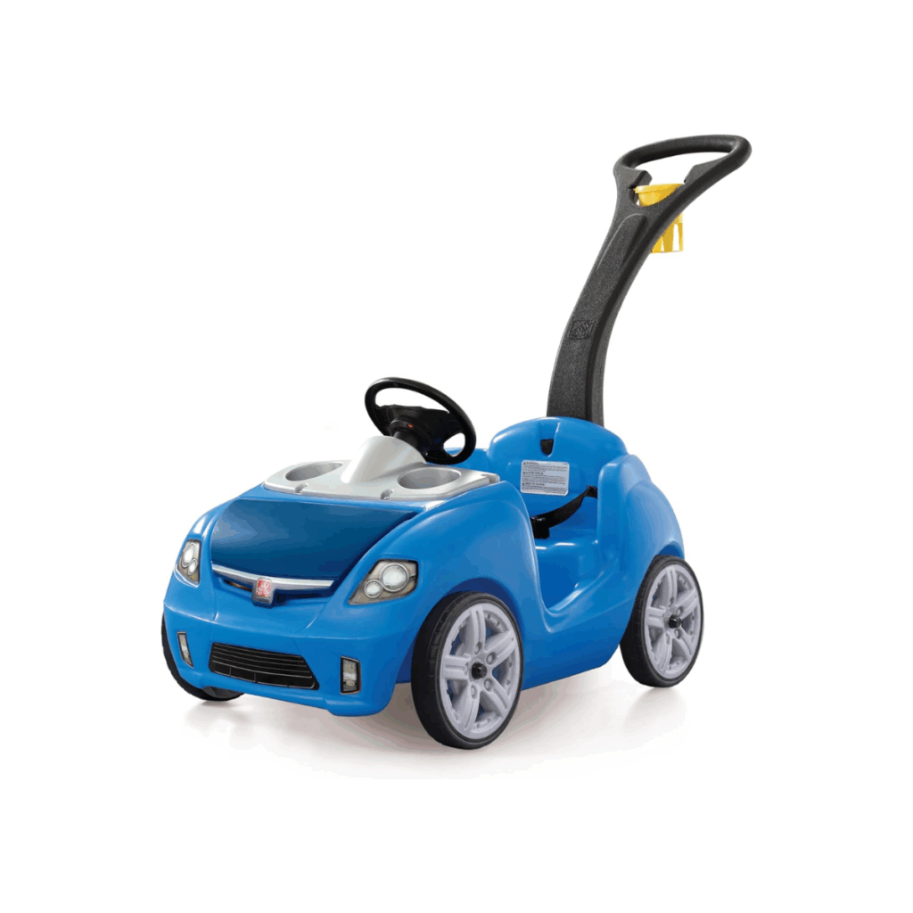 Blue push car for one year old to sit in as parent takes walks.