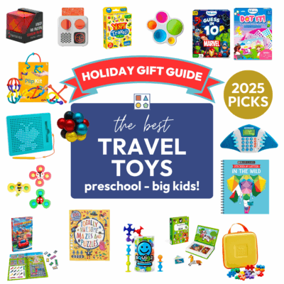 A collection of images featuring the best travel toys for kids.