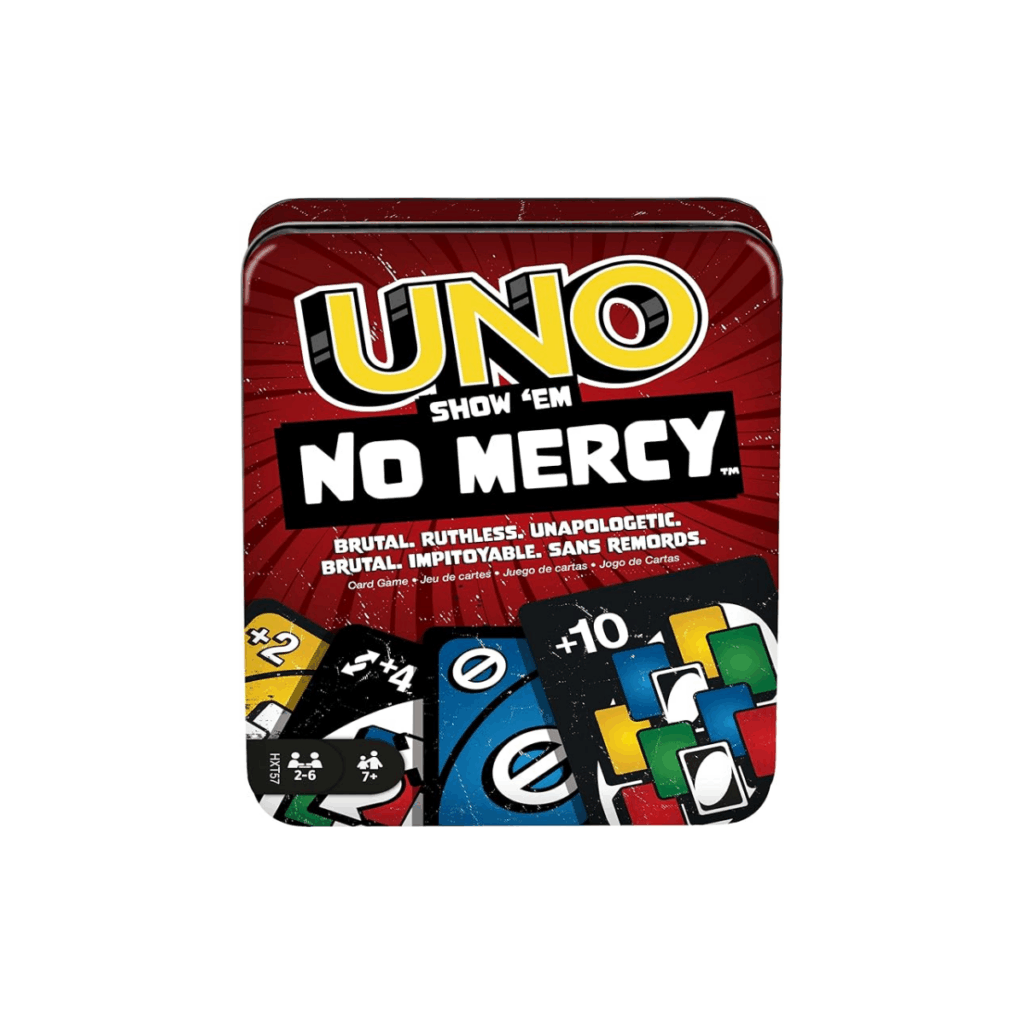 UNO No Mercy card game for kids with extra draw cards.