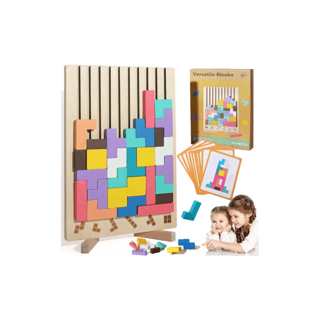 A wooden puzzle game that looks like Tetris.