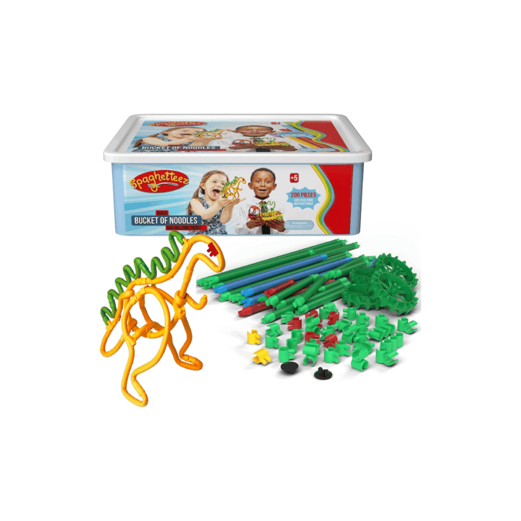 A noodle like toy that kids can build with. They bend and the image shows a dinosaur.