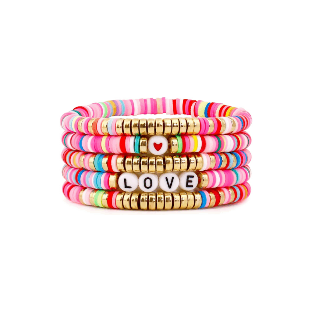 Stack of beaded bracelets for kids. One says LOVE.