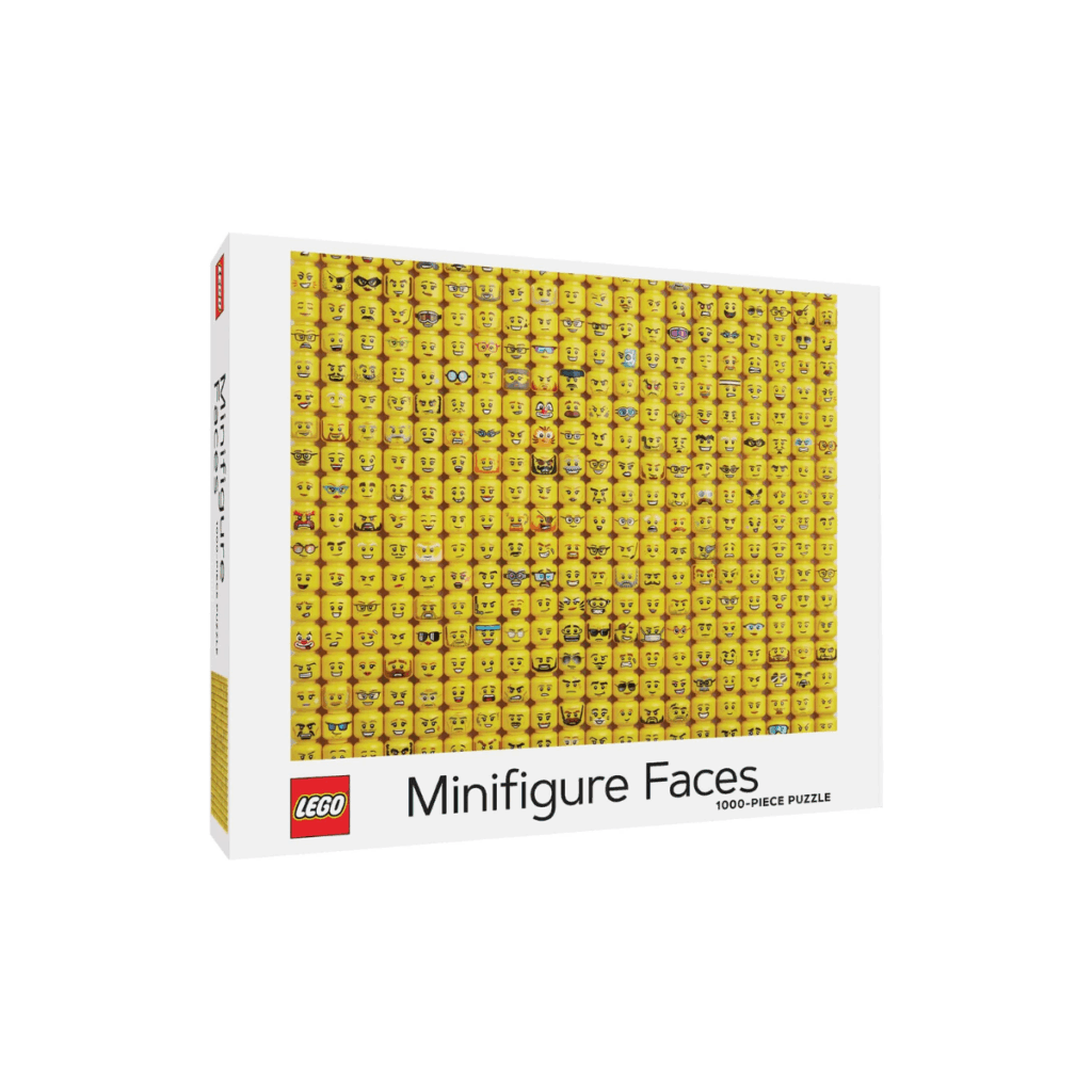 LEGO minifigure head puzzle featuring many yellow heads to put together.