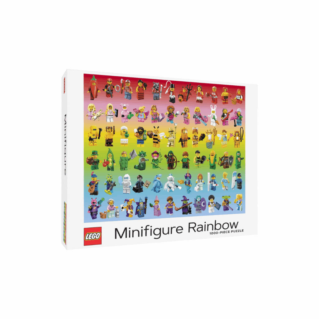 Rainbow colored puzzle featuring different minifigures.