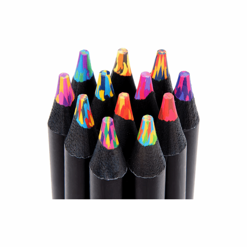 Black pencils with bright colors at the tips in a rainbow mix up.