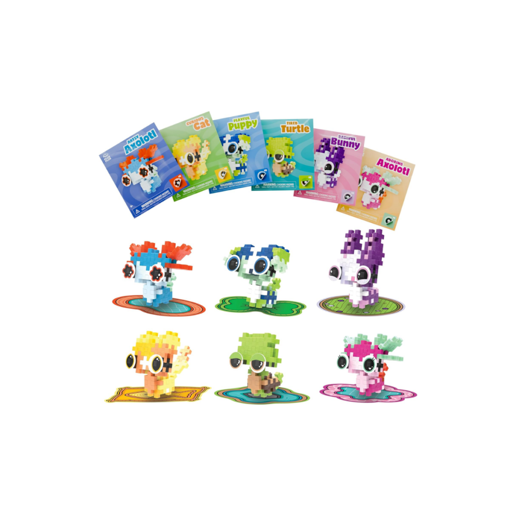 Plus Plus mini figures with large playful eyes.