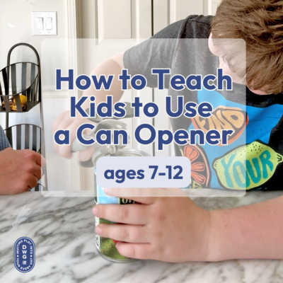 A ten year old boy in the kitchen learning how to use a can opener to open a can for dinner.