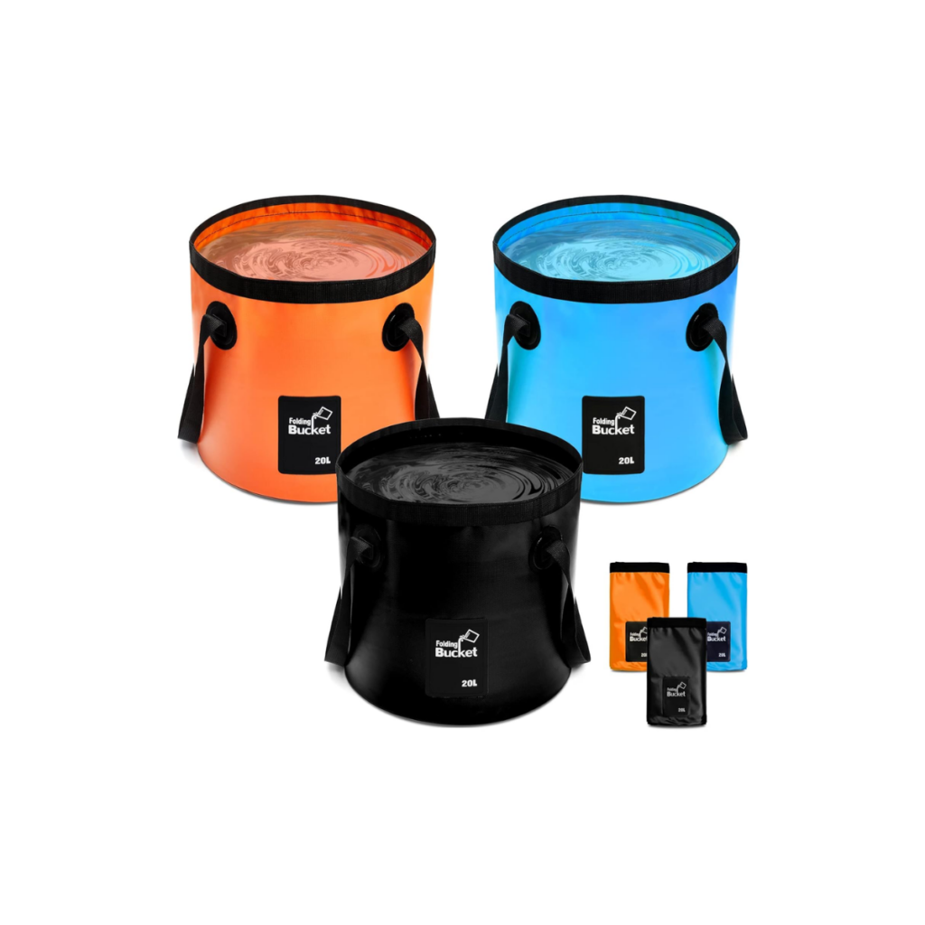 Foldable buckets that kids can use to gather outside supplies when playing.