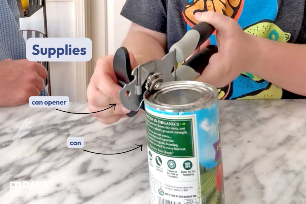 A ten year old boy opening a can with a can opener and the supplies are listed. The supplies are the can opener and a can.