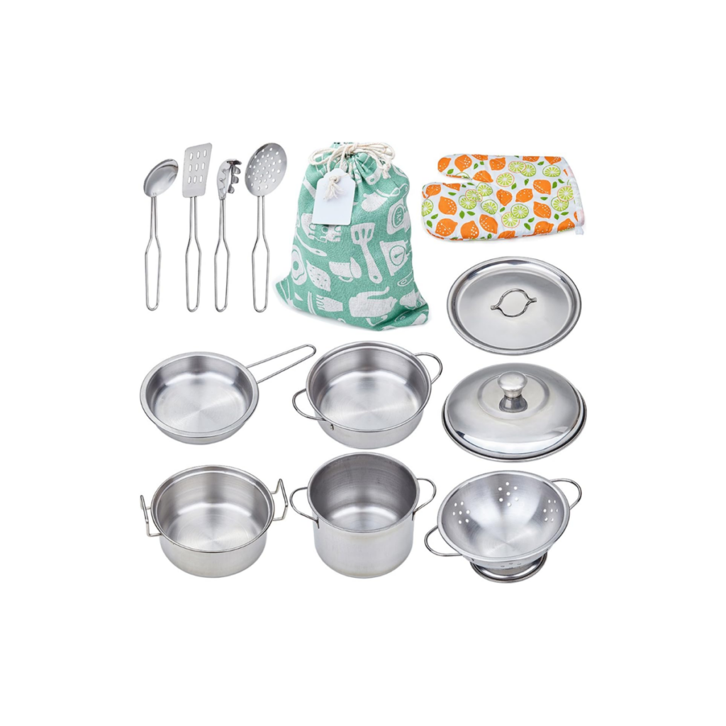 Play pots, pans, and cooking tools for kids to use outside in a mud kitchen.