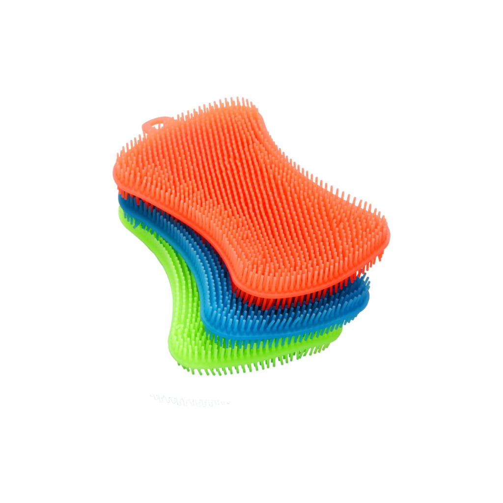 Three silicone sponges for kids to use when playing outside in sensory bins.