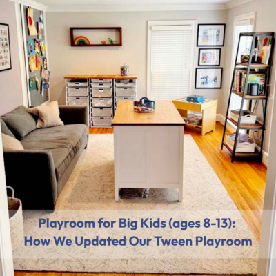 An image of a playroom that has been updated for big kids ages 8-13. There is a couch, area to store LEGOS and building toys, and a table to stand and do art on.