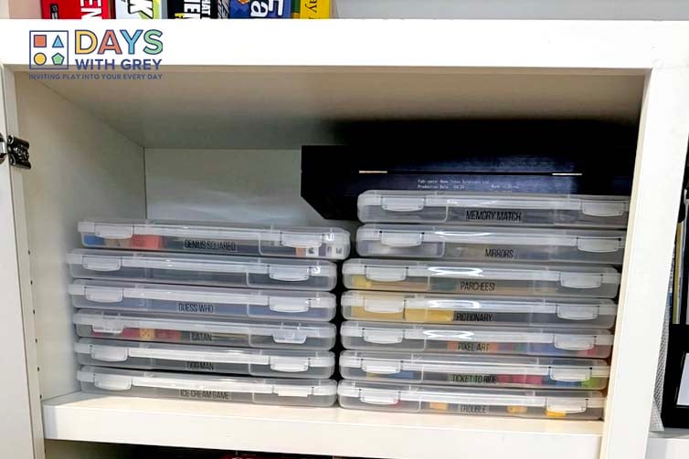 How we store board games for kids 8-13. These are thin stackable clear containers.