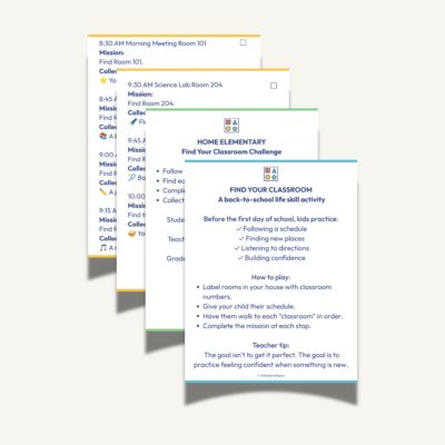 A printout for kids to use to navigate finding "classrooms" throughout the house as a back to school game. Kids use this at home to practice navigating finding schedules and new routines.