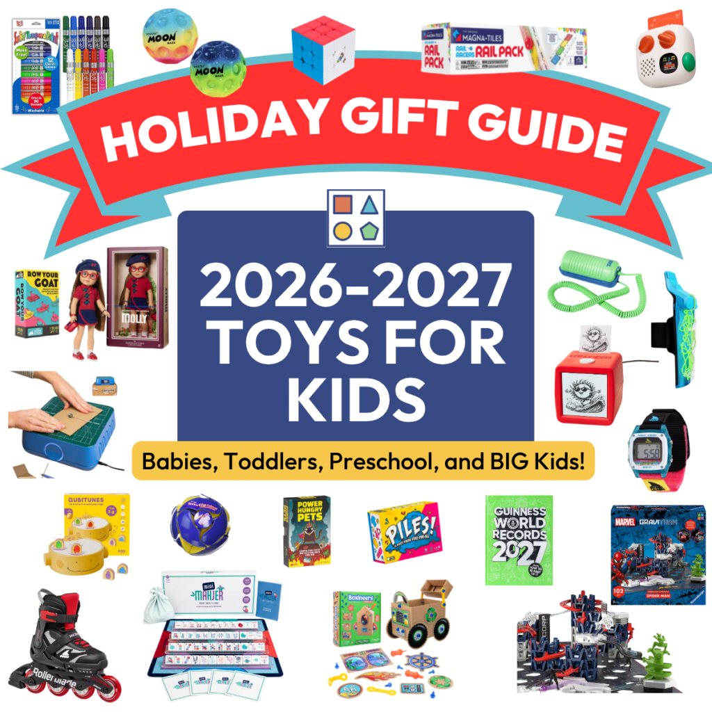 The best toys for kids in 2026. Image has featured toys such as squishy and sensory toys, collectibles, Legos, card games, and active toys such as roller blades.
