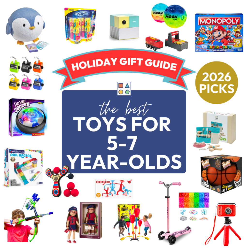 Top toys for 5-7 year olds. Image includes toy pictures of things like American Girl Doll, kids camera, sensory toys, and much more.