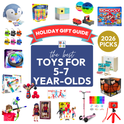 Top toys for 5-7 year olds. Image includes toy pictures of things like American Girl Doll, kids camera, sensory toys, and much more.
